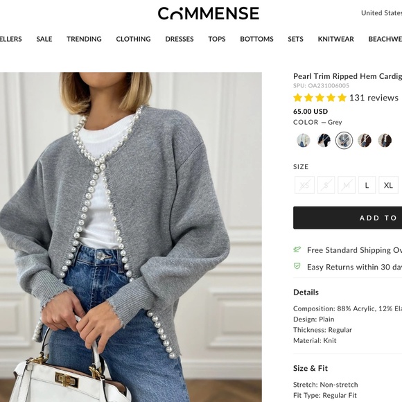 Commense Pearl Trim Ripped Hem Cardigan Women's Small Sweater - Picture 3 of 7